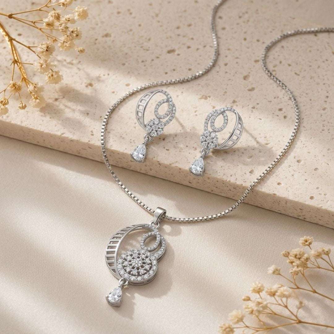 Crescent Spark Silver Finish Office Wear Pendant Set