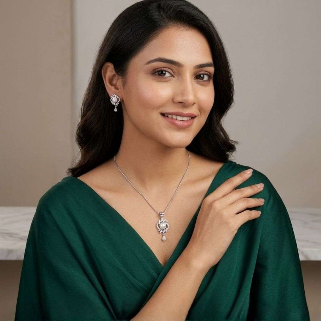 Pearl Halo Silver Finish Designer Pendant Set