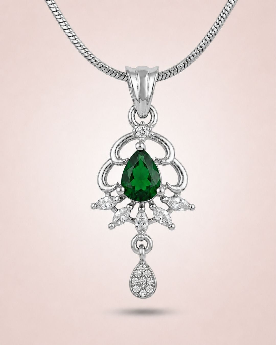 Emerald Elegance Silver Finish AD Pendant Set