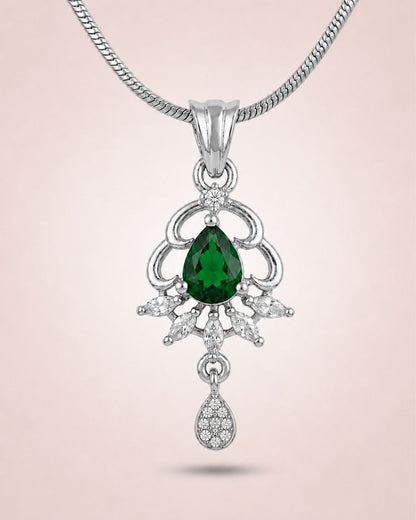 Emerald Elegance Silver Finish AD Pendant Set