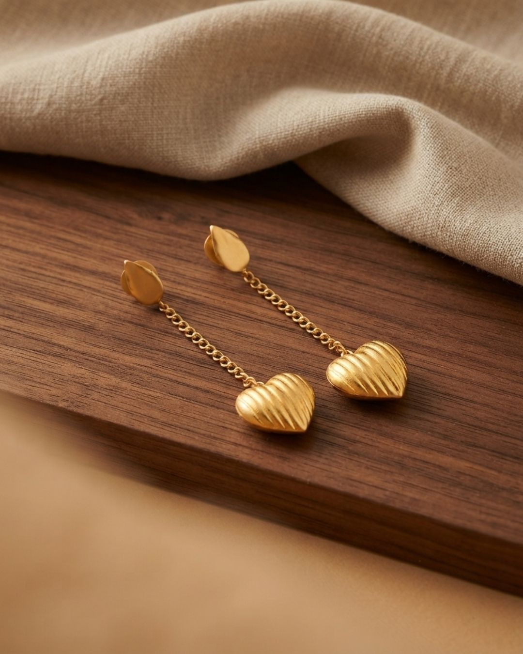 Gold Tone Handmade Heart Chain Dangle Earrings