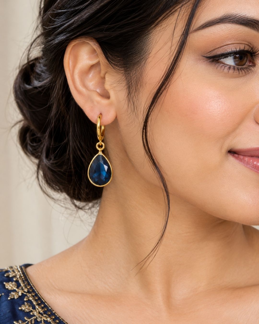 Blue Teardrop Stone Hoop Drop Earrings for Women