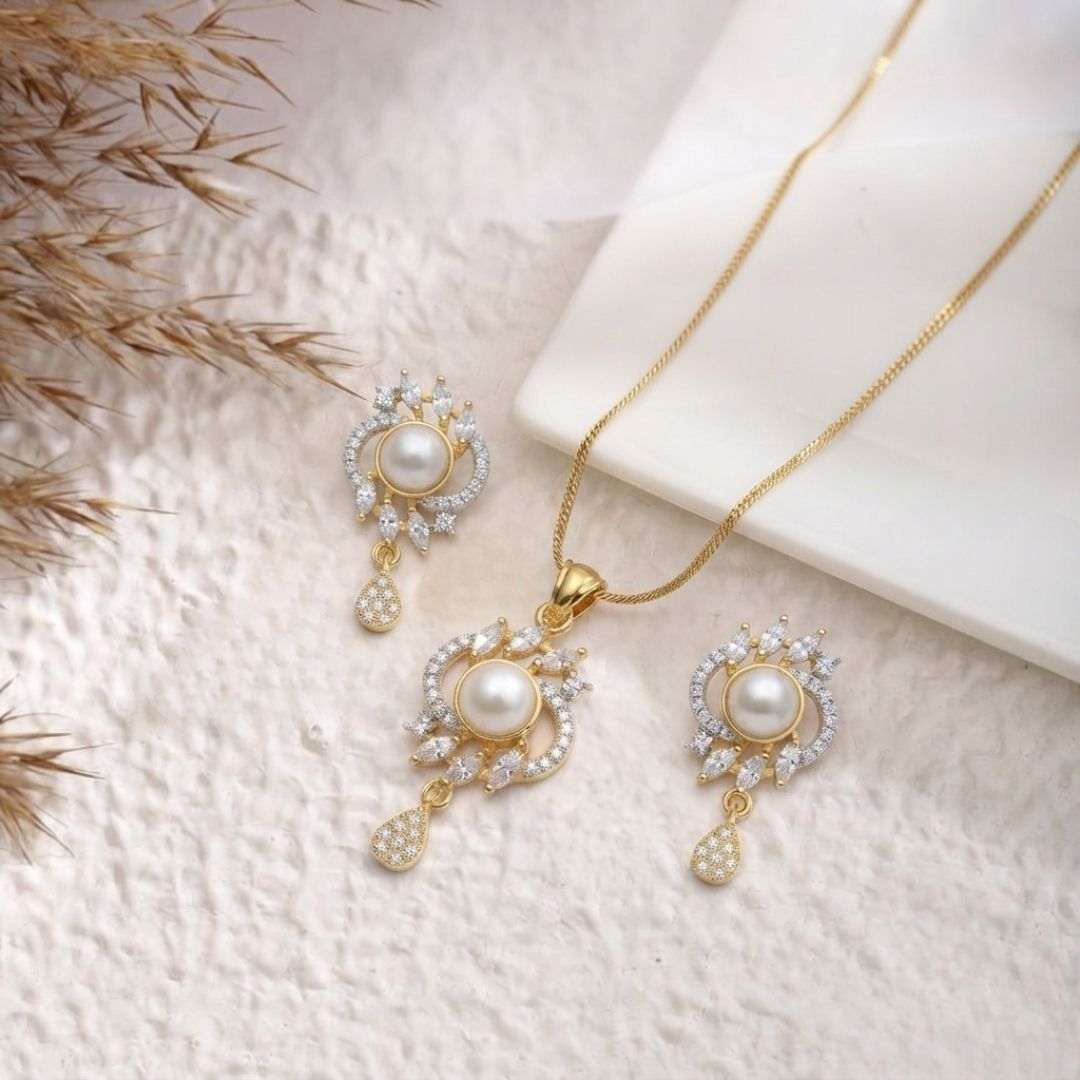 Pearl Halo Gold Finish Bridal Pendant Set