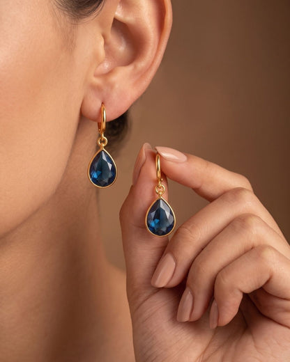 Blue Teardrop Stone Hoop Drop Earrings for Women