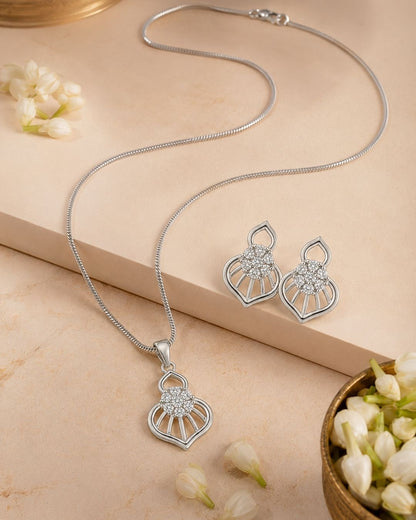 Teardrop Halo Silver Finish AD Pendant Set