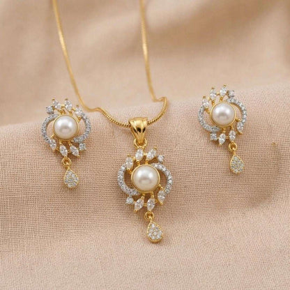 Pearl Halo Gold Finish Bridal Pendant Set