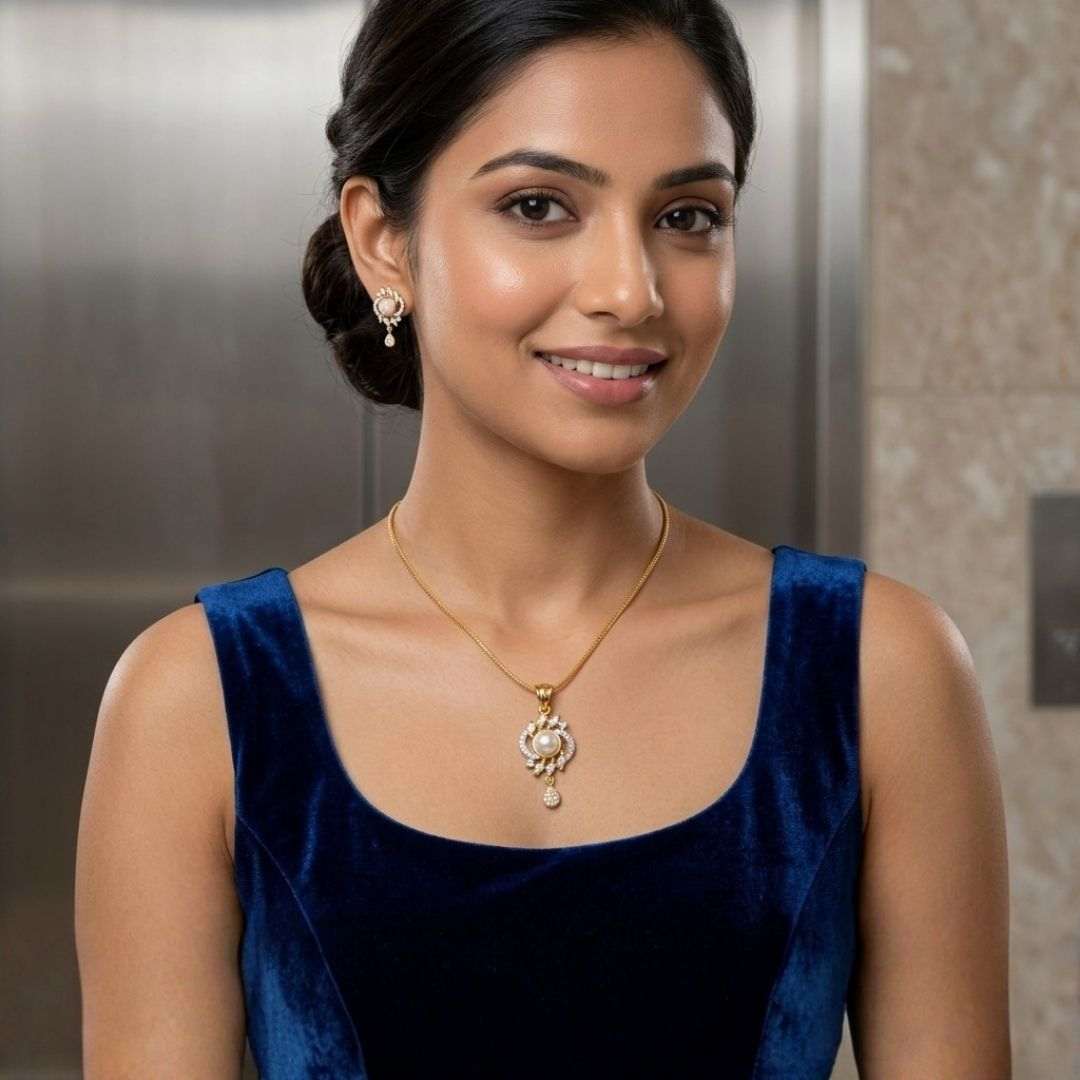 Pearl Halo Gold Finish Bridal Pendant Set