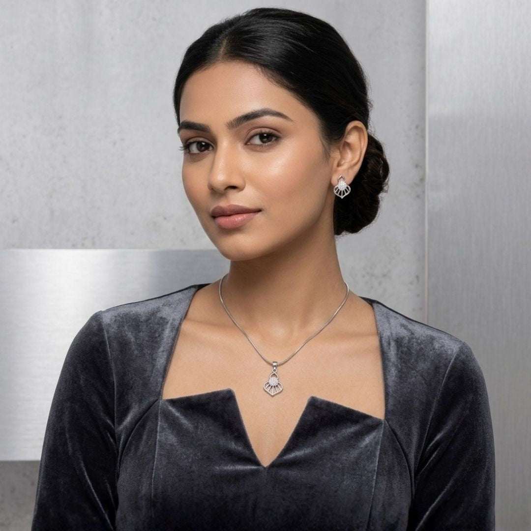 Teardrop Halo Silver Finish AD Pendant Set