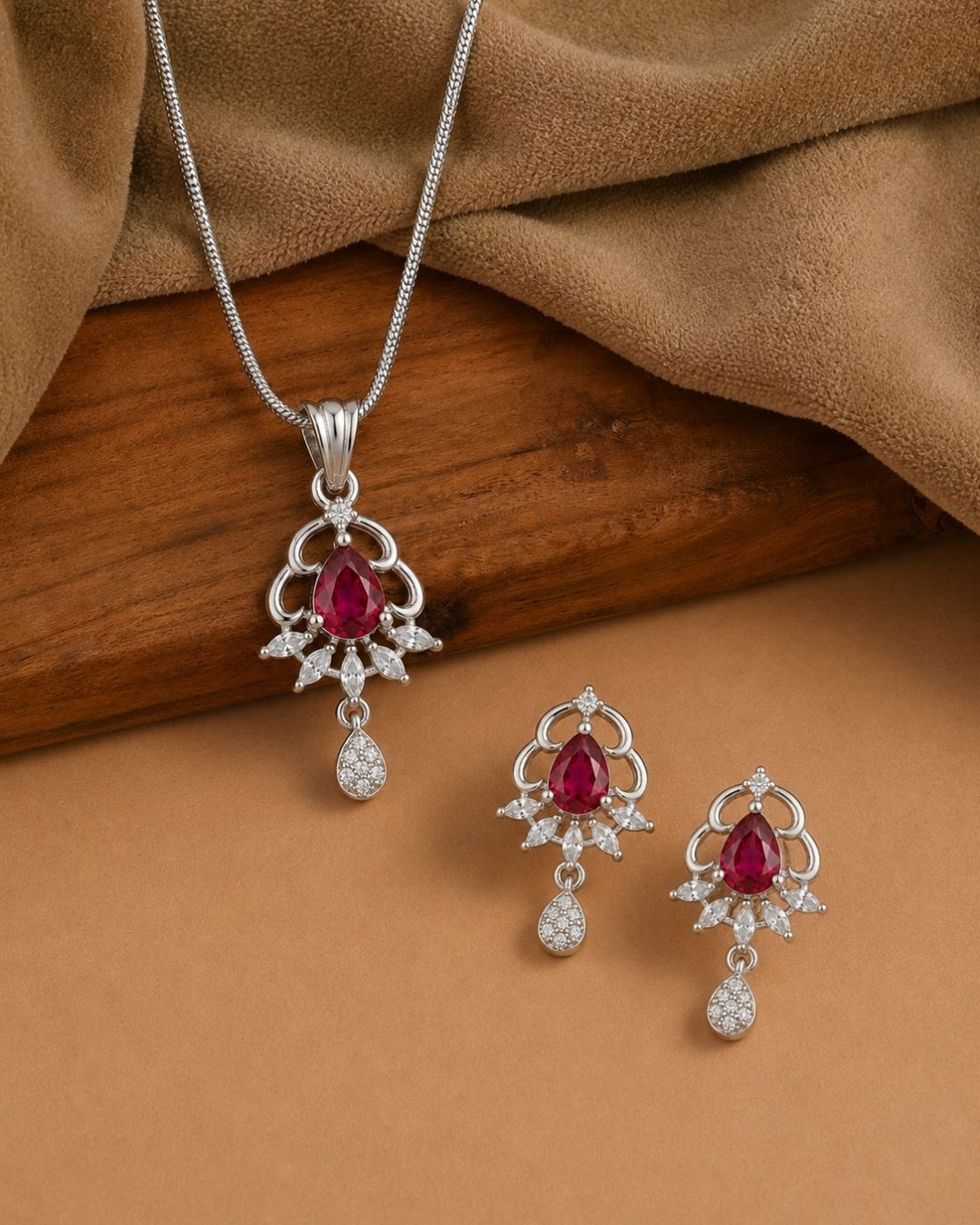 Ruby Elegance Silver Finish AD Pendant Set