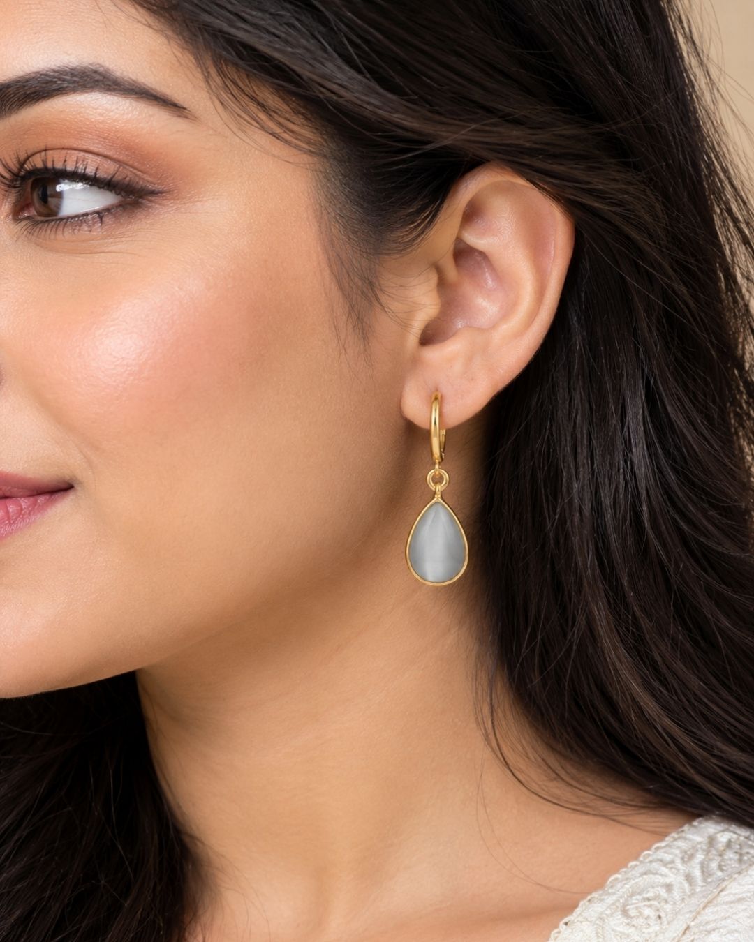 Grey Teardrop Stone Hoop Drop Earrings for Women