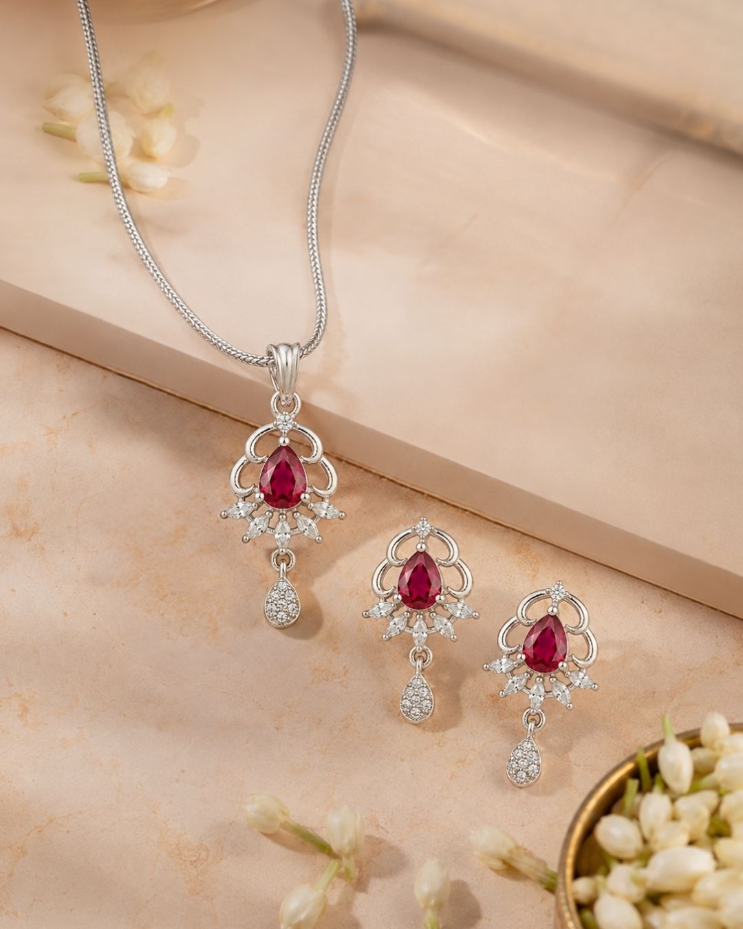 Ruby Elegance Silver Finish AD Pendant Set