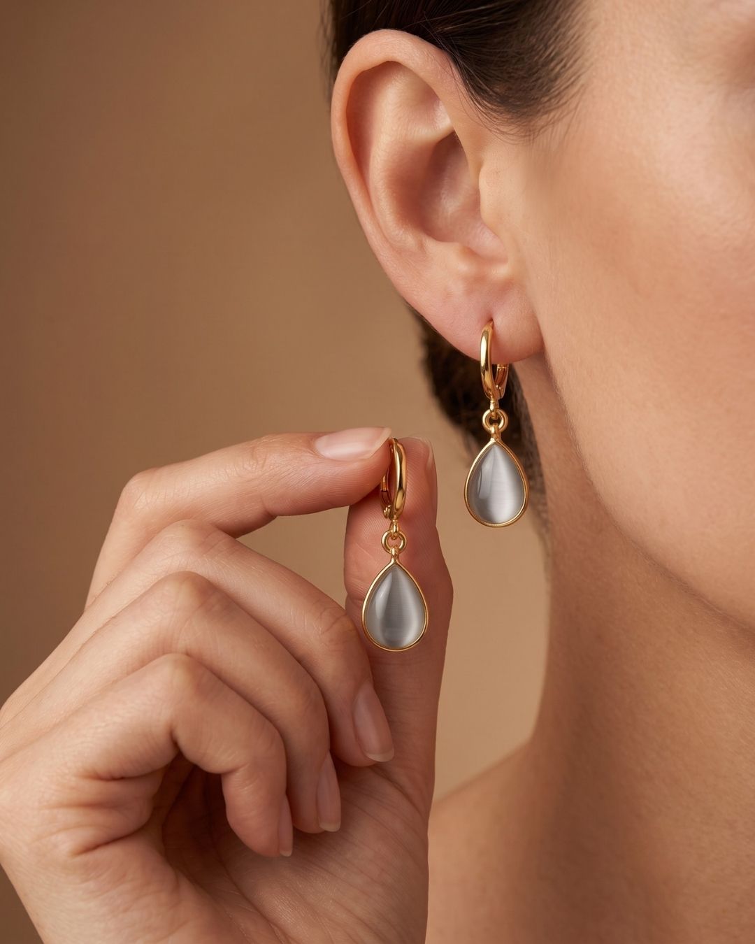 Grey Teardrop Stone Hoop Drop Earrings for Women