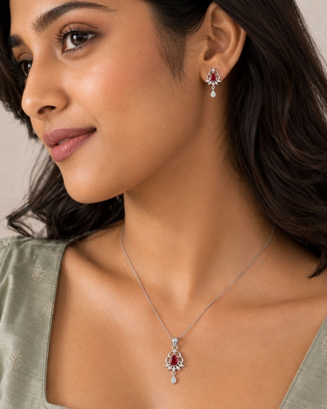 Ruby Elegance Silver Finish AD Pendant Set