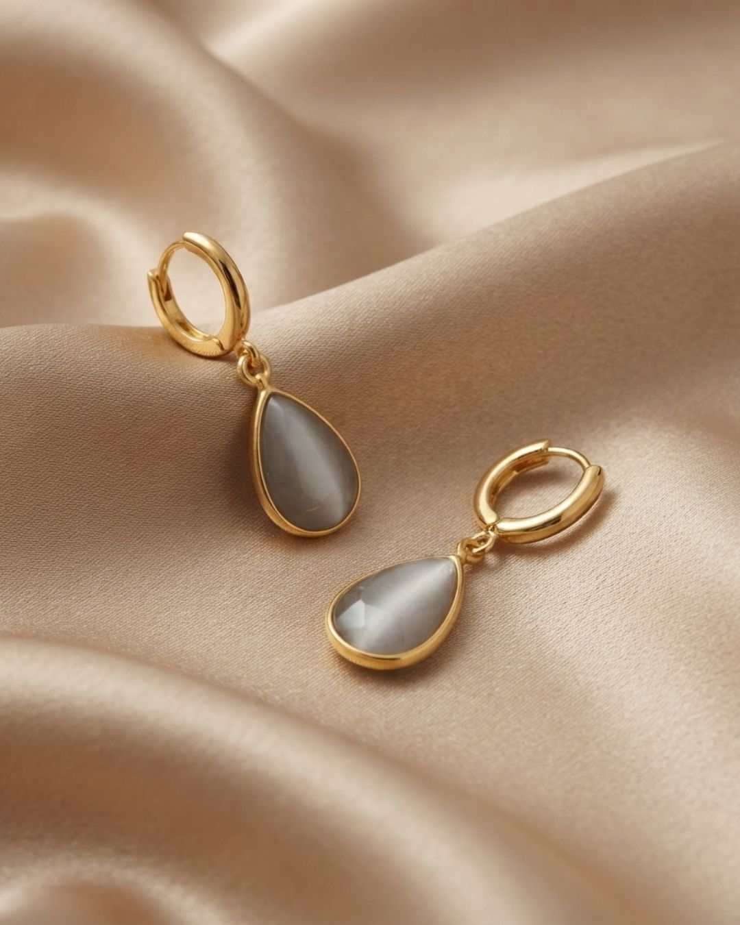 Grey Teardrop Stone Hoop Drop Earrings for Women