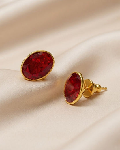 Red Oval Stone Stud Earrings for Women