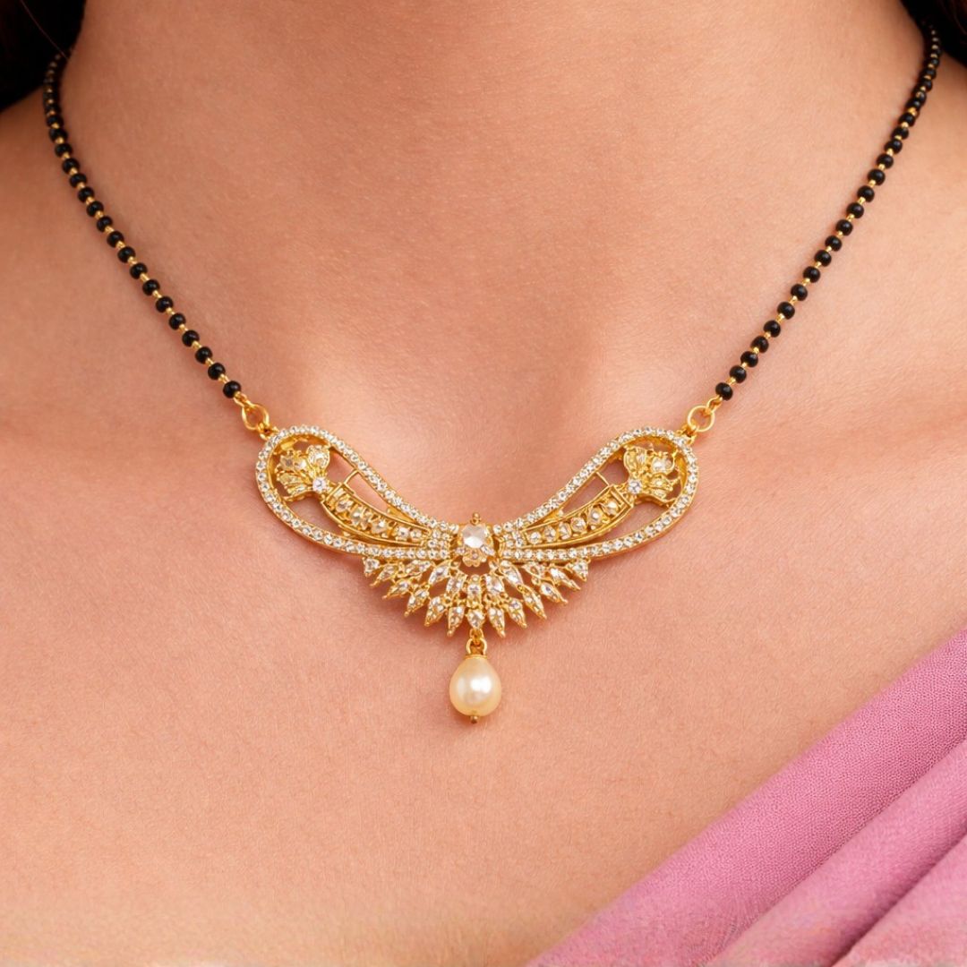 AD Mangalsutra with Fan-Shaped Pendant and Pearl Drop