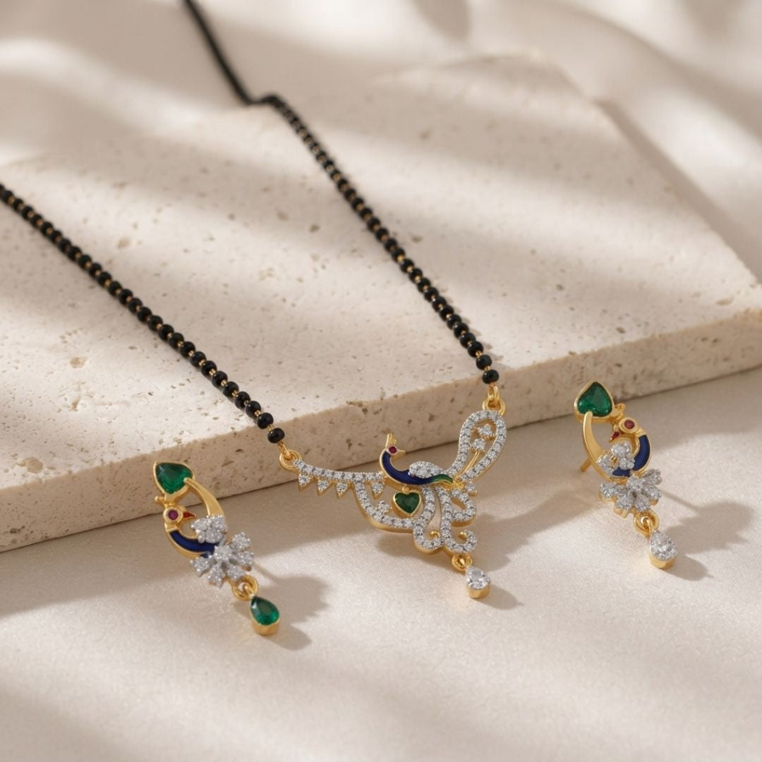 Designer Peacock AD Mangalsutra with Black Beads