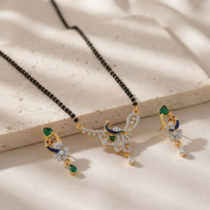 Designer Peacock AD Mangalsutra with Black Beads
