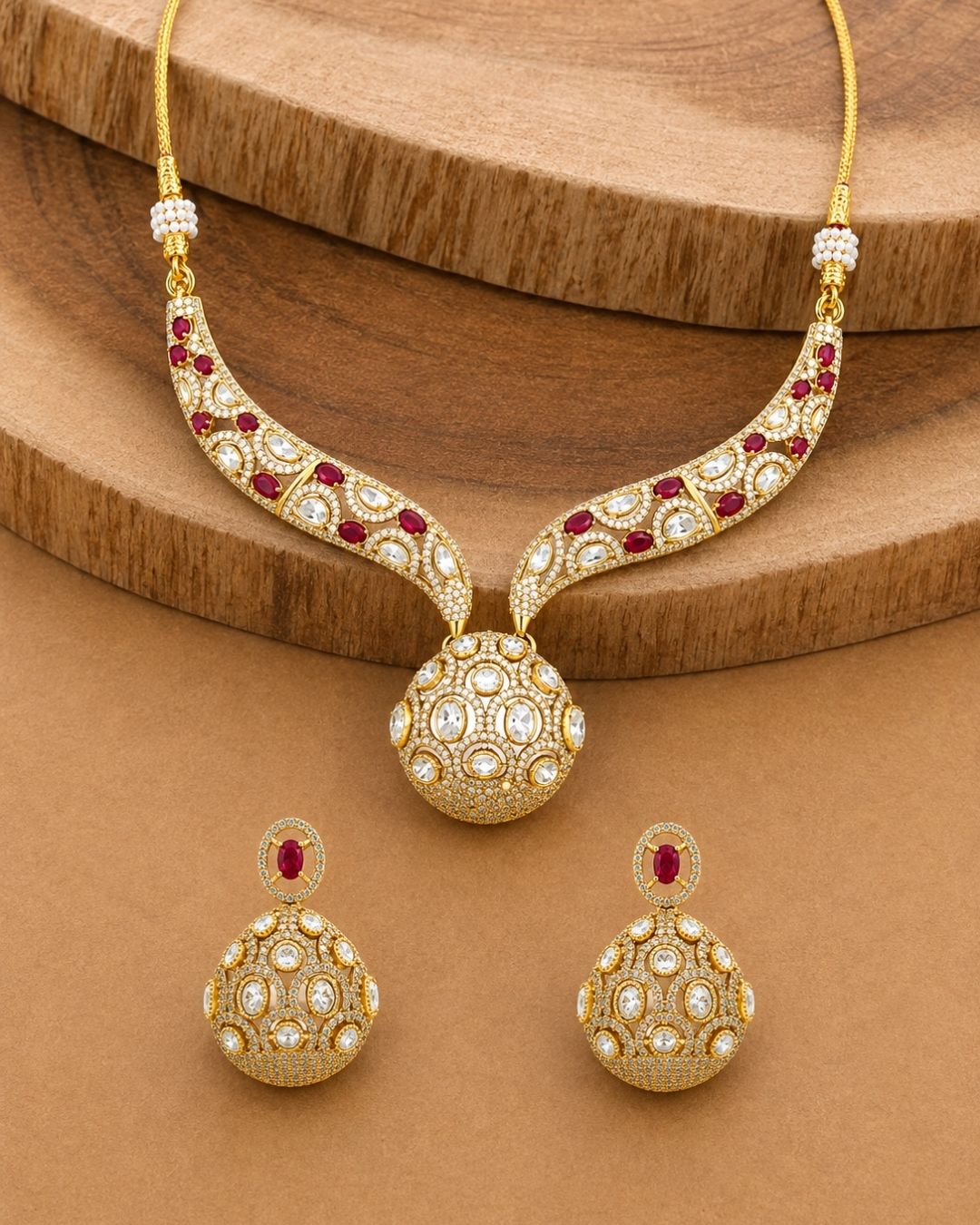 Polki Mozonite Necklace Set with Monalisa Stone