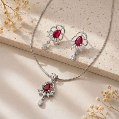 Ruby Elegance Silver Finish AD Pendant Set