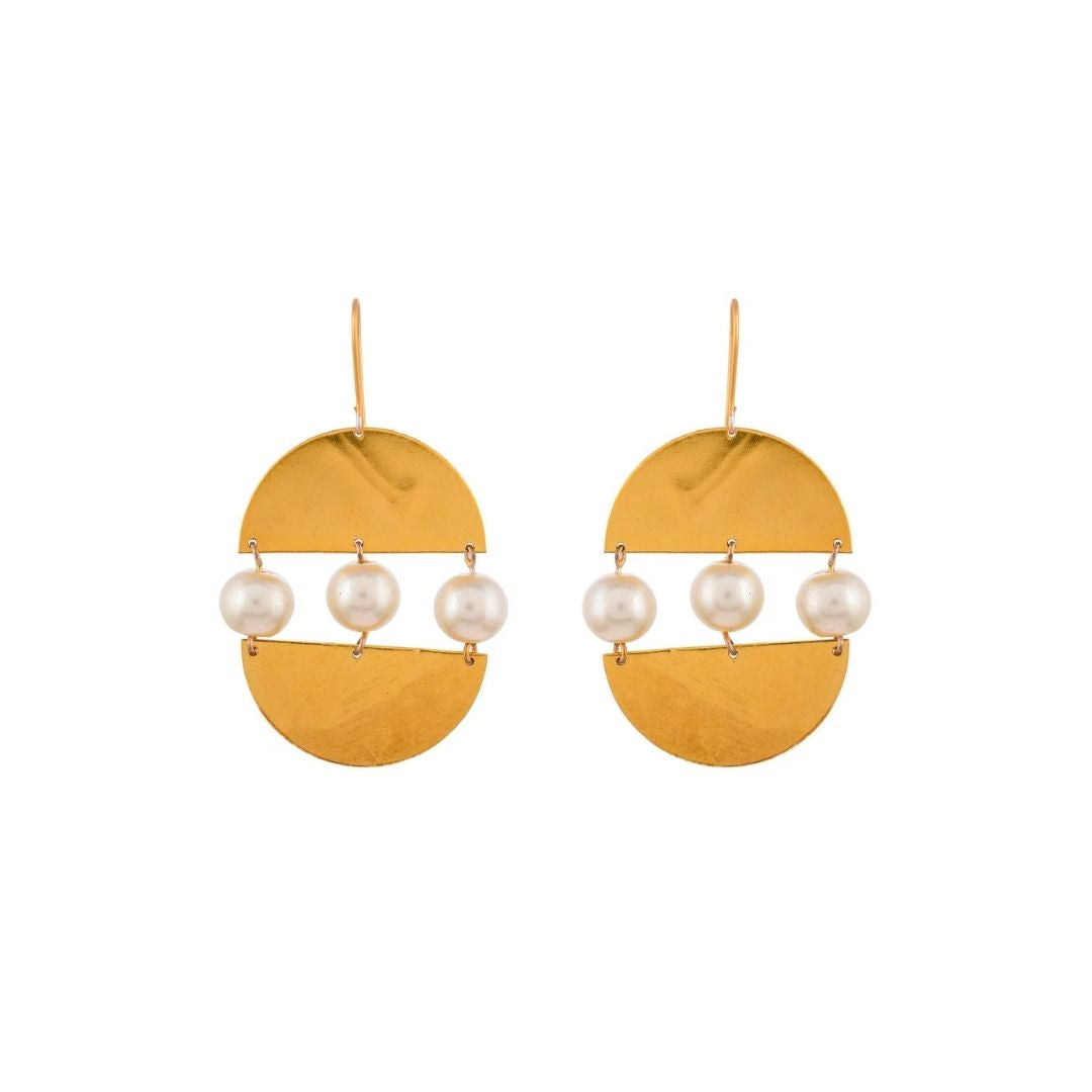 Modern Semi Circle Gold Pearl Drop Earrings