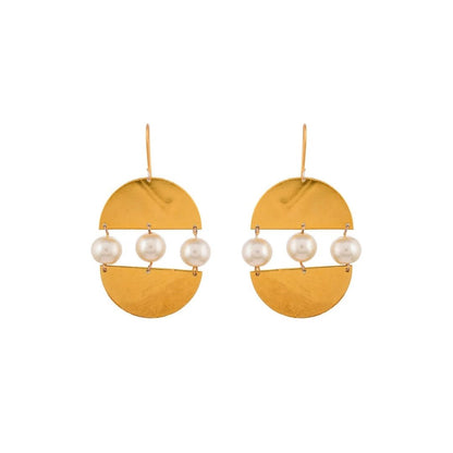 Modern Semi Circle Gold Pearl Drop Earrings