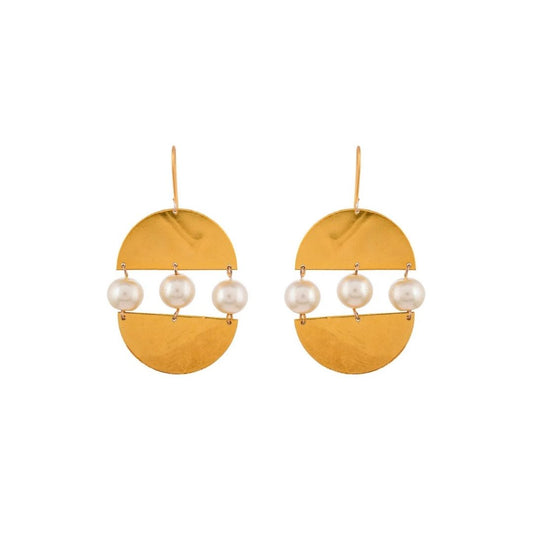 Modern Semi Circle Gold Pearl Drop Earrings