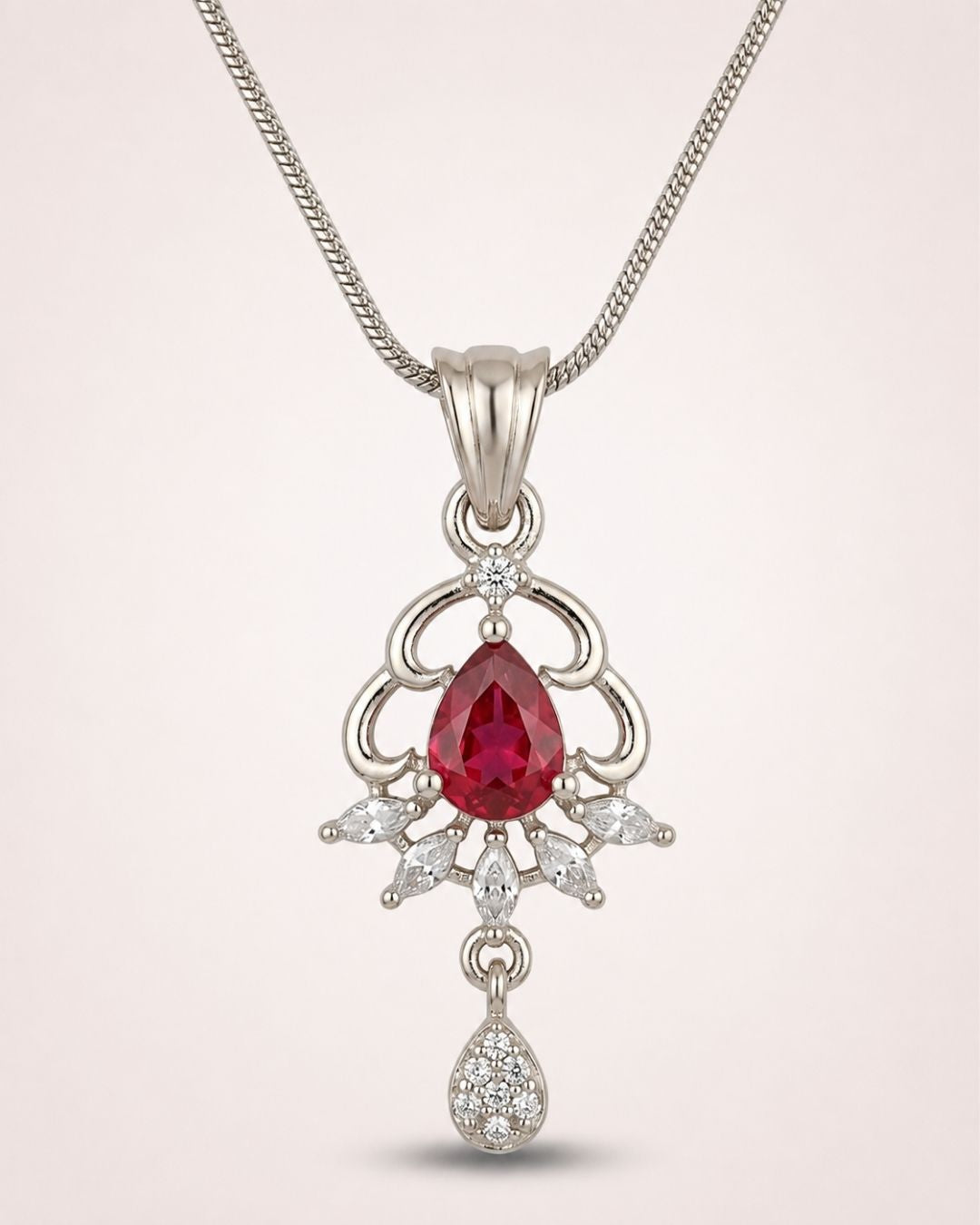 Ruby Elegance Silver Finish AD Pendant Set