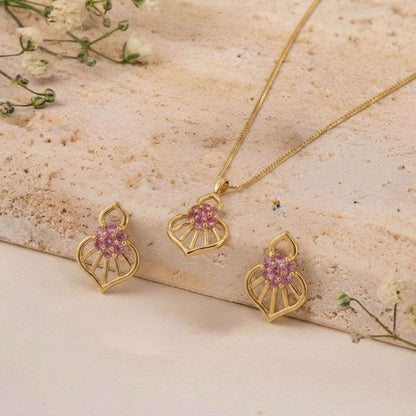 Pink Bloom Gold Finish AD Pendant Set