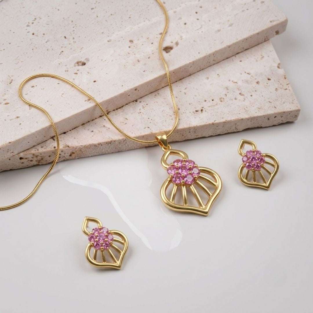 Pink Bloom Gold Finish AD Pendant Set