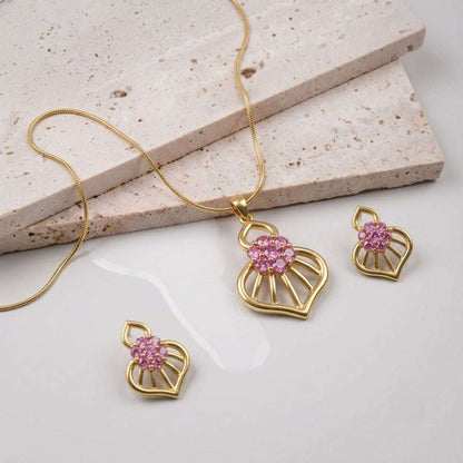 Pink Bloom Gold Finish AD Pendant Set