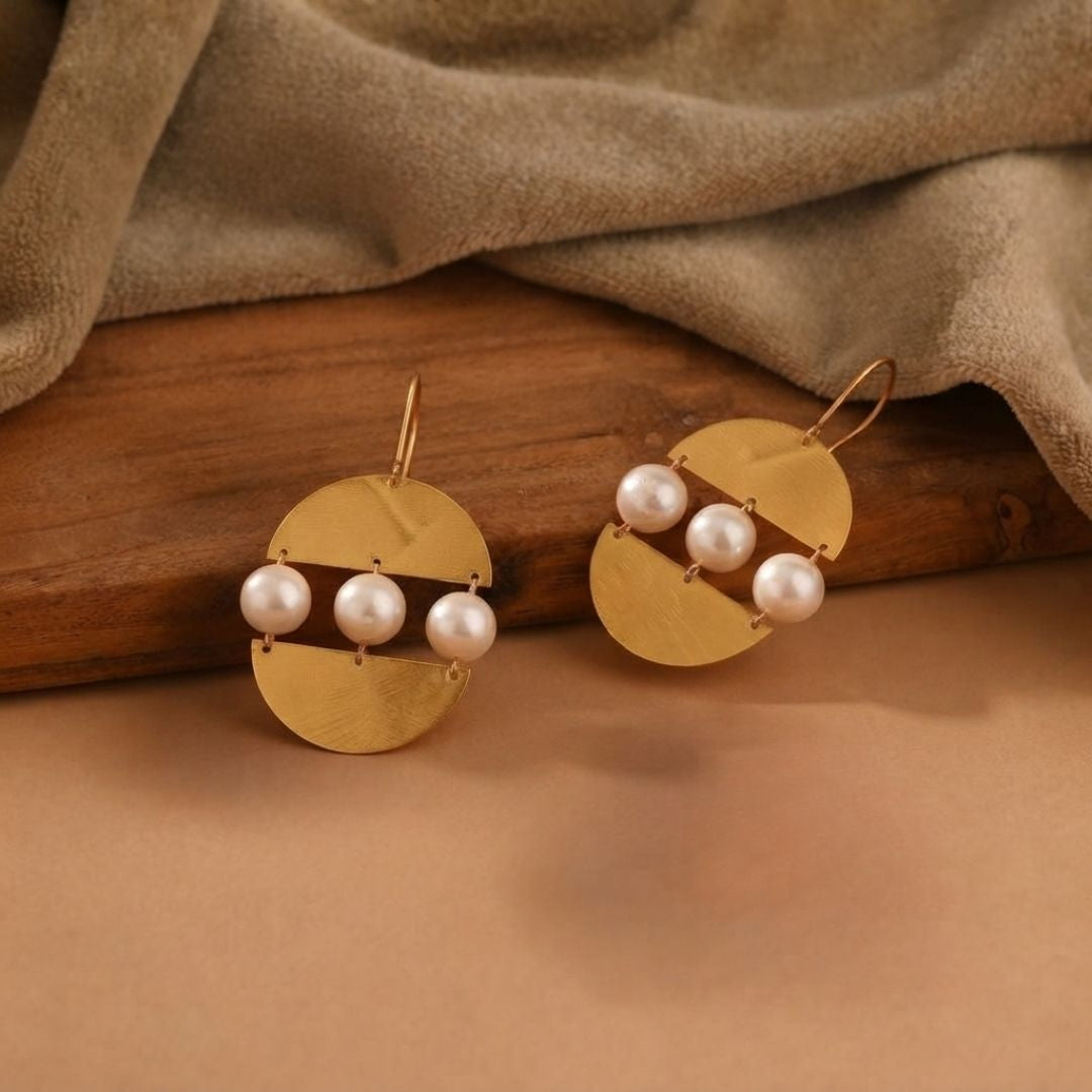 Modern Semi Circle Gold Pearl Drop Earrings