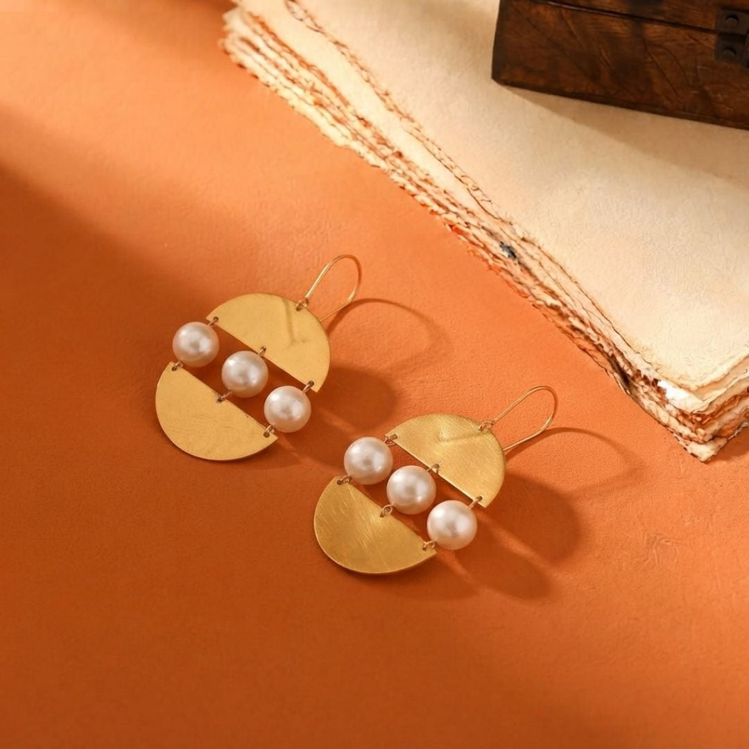 Modern Semi Circle Gold Pearl Drop Earrings