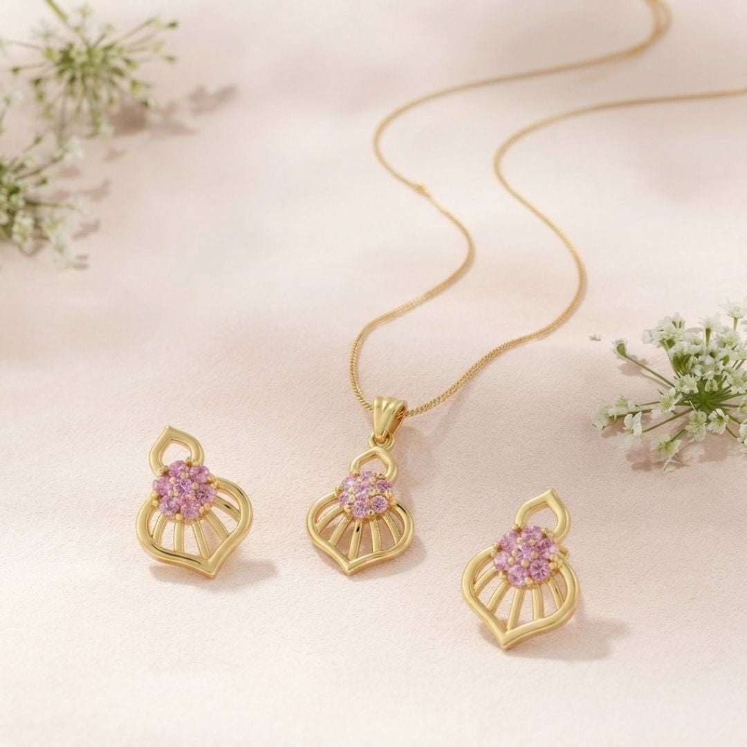 Pink Bloom Gold Finish Wedding Jewellery Pendant Set