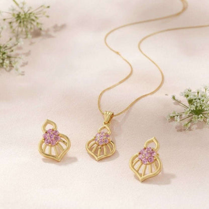 Pink Bloom Gold Finish Wedding Jewellery Pendant Set