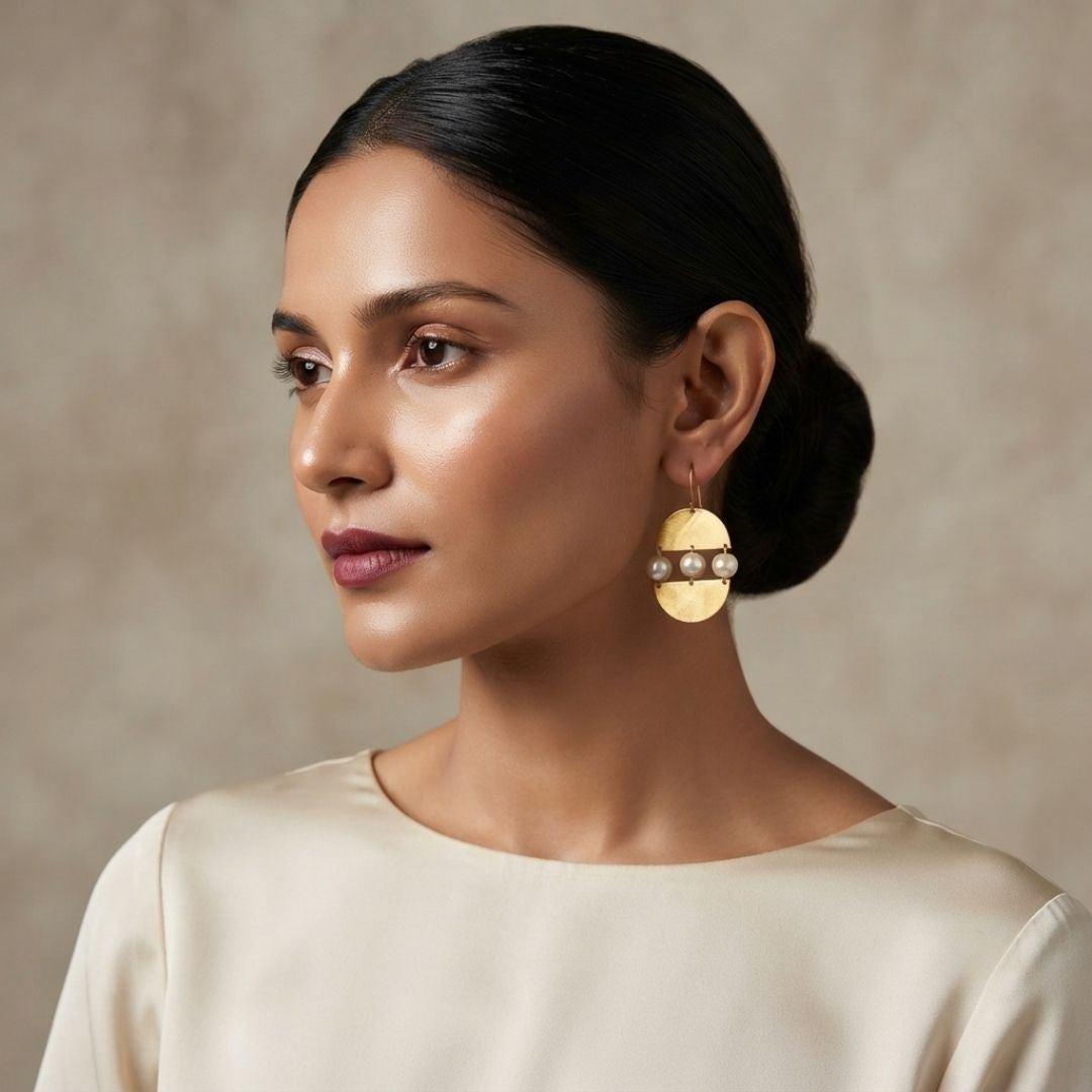 Modern Semi Circle Gold Pearl Drop Earrings
