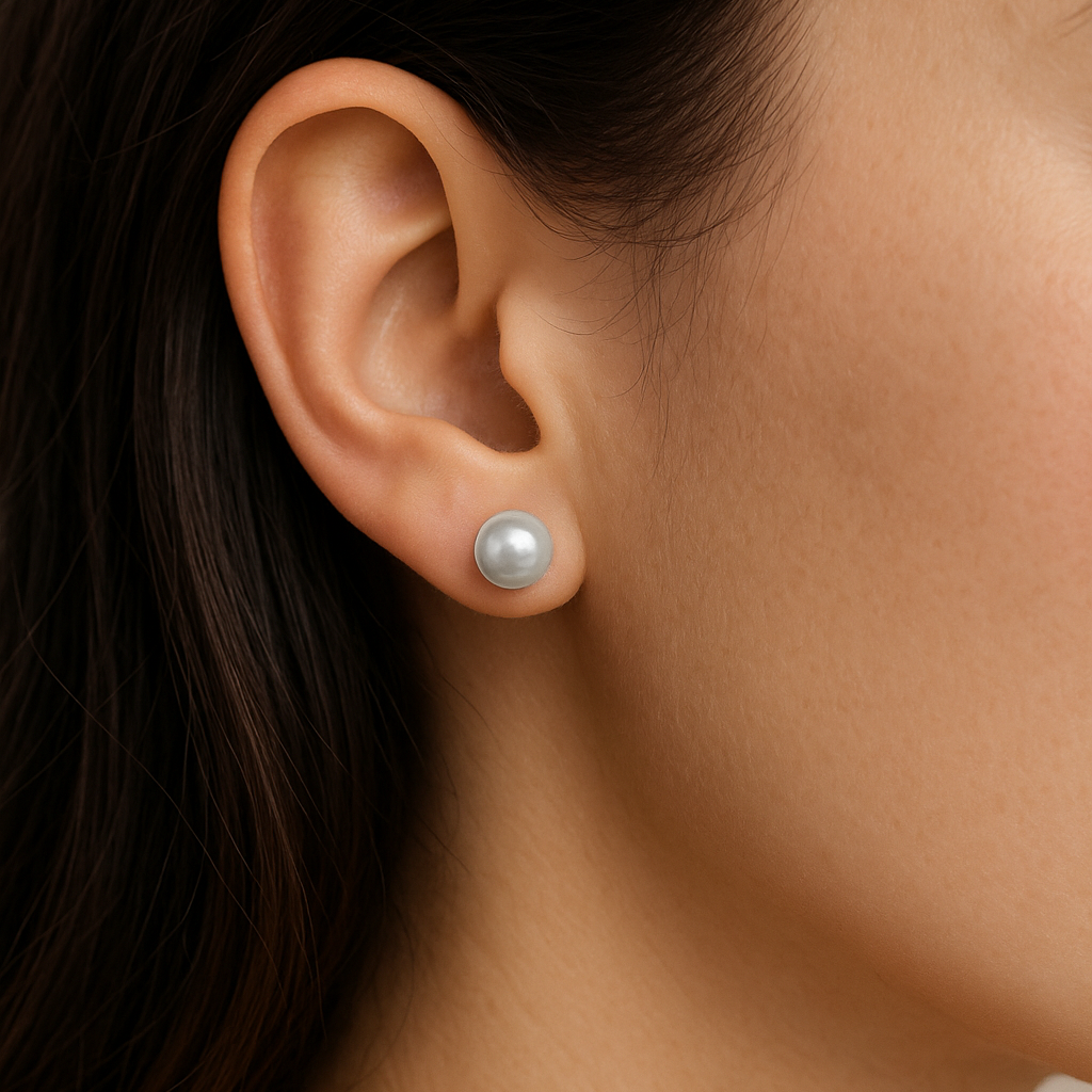 Close-up of an ear wearing a pearl earring with a blurred background