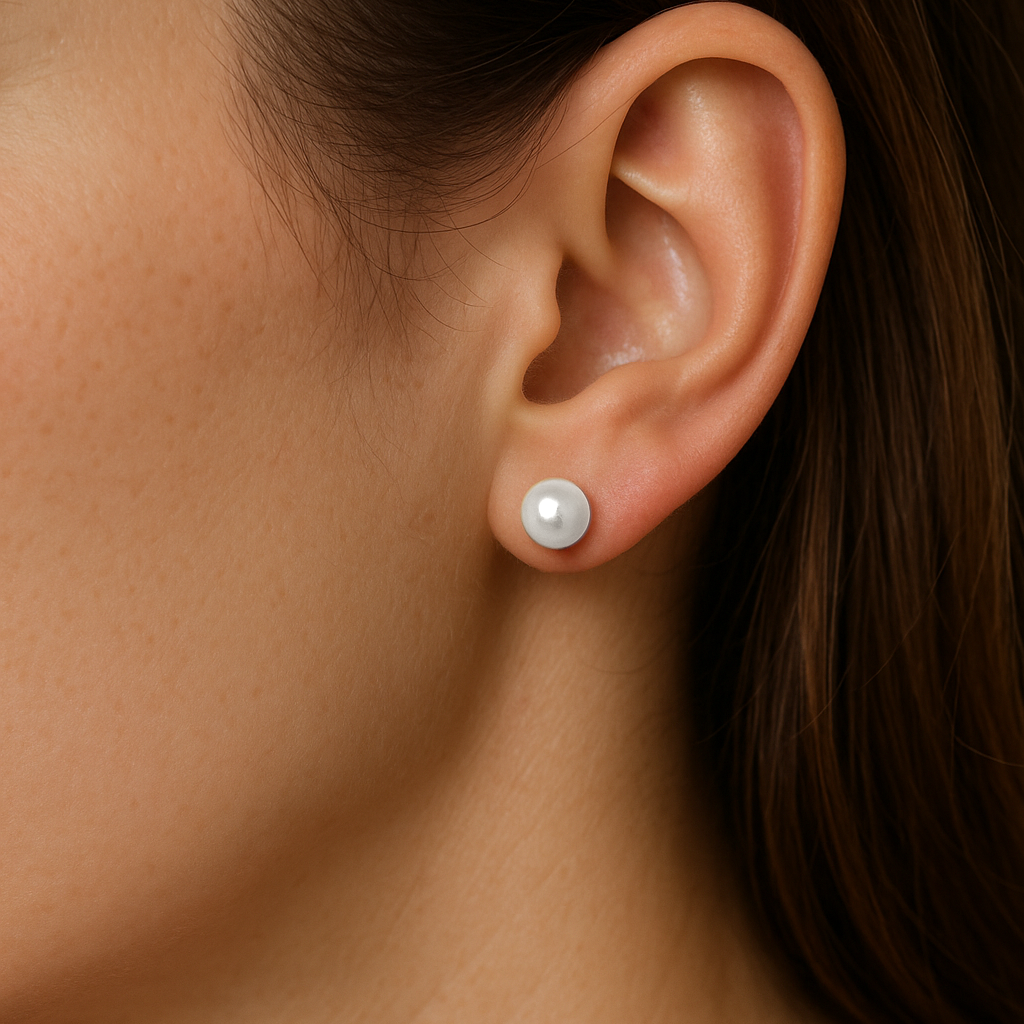 Close-up of an ear wearing a pearl earring with a blurred background