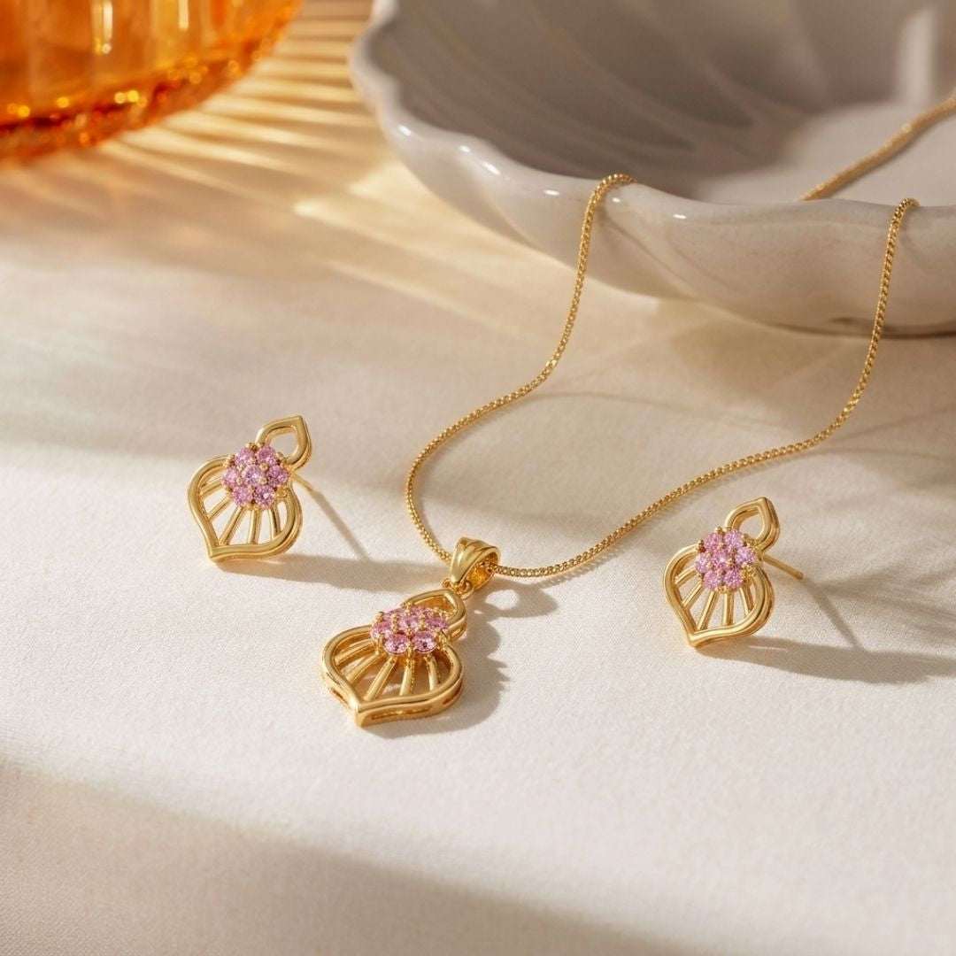 Pink Bloom Gold Finish Wedding Jewellery Pendant Set