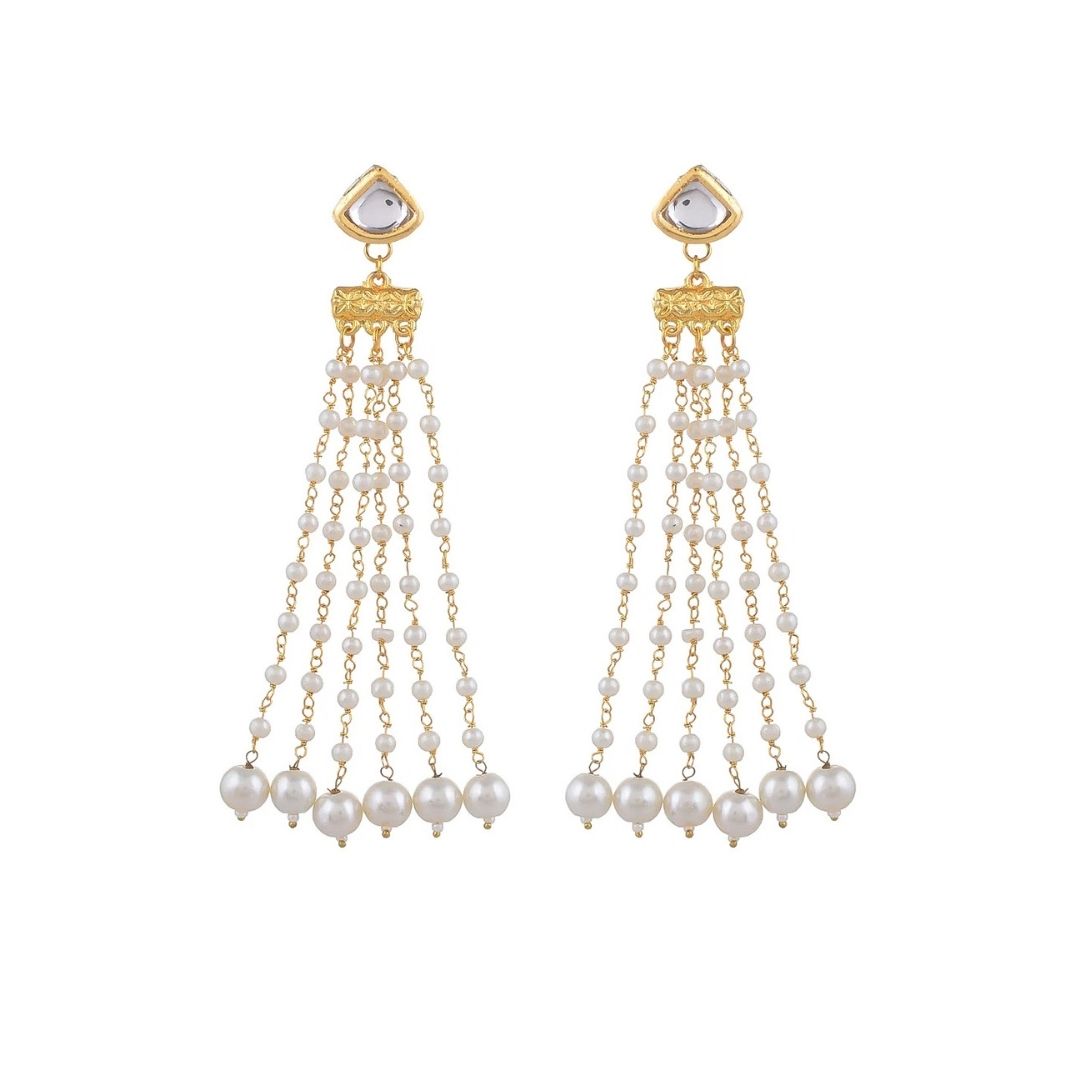 Heart Stud Pearl Chain Tassel Earrings