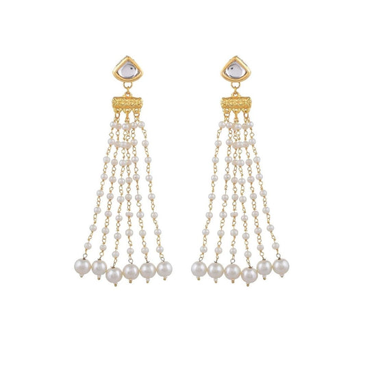 Heart Stud Pearl Chain Tassel Earrings