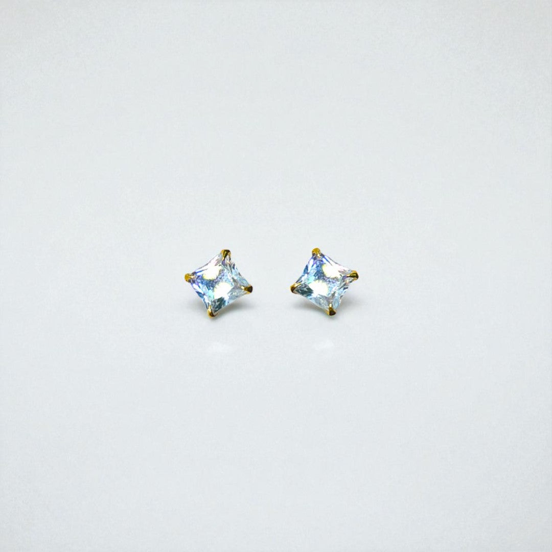 Pair of square-cut gemstone Stud Earrings for Women on a light gray background