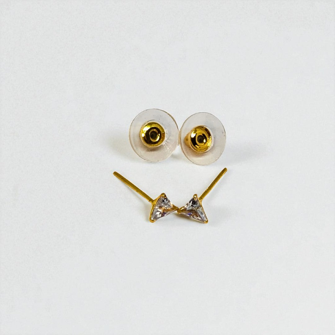 Gold triangle-shaped Stud Earrings for Women with clear gemstones on a white background