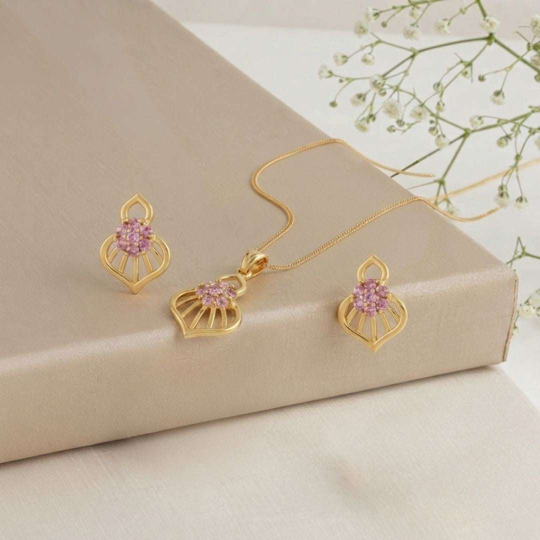 Pink Bloom Gold Finish Wedding Jewellery Pendant Set