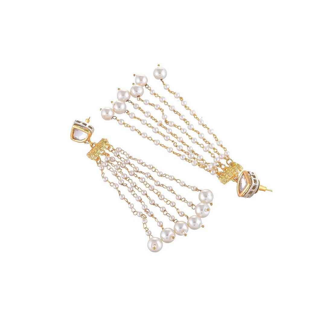Heart Stud Pearl Chain Tassel Earrings