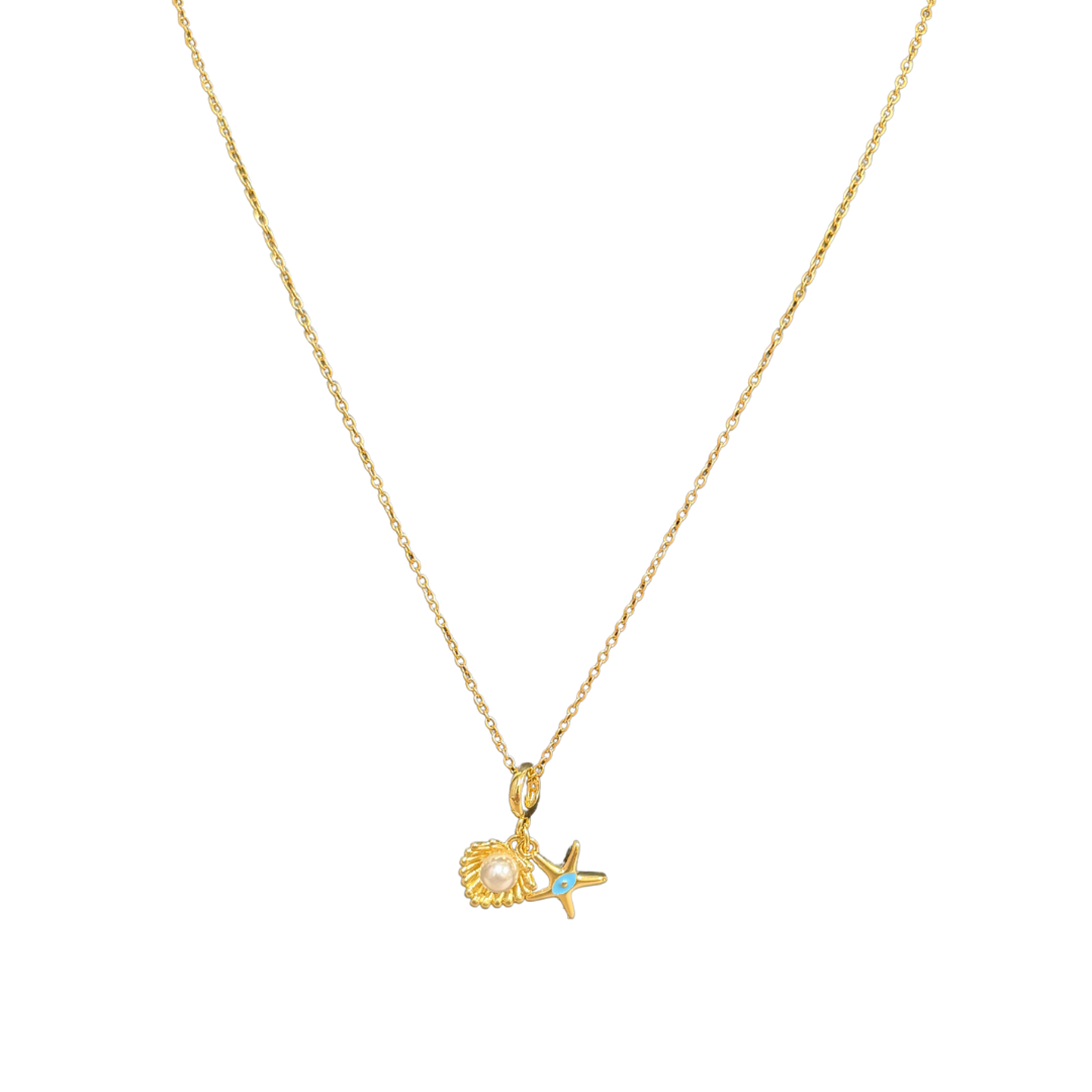 Gold necklace with a starfish Pendant for Women featuring a pearl and blue gemstone on a white background