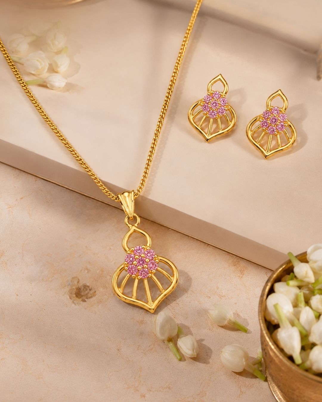 Pink Bloom Gold Finish Wedding Jewellery Pendant Set