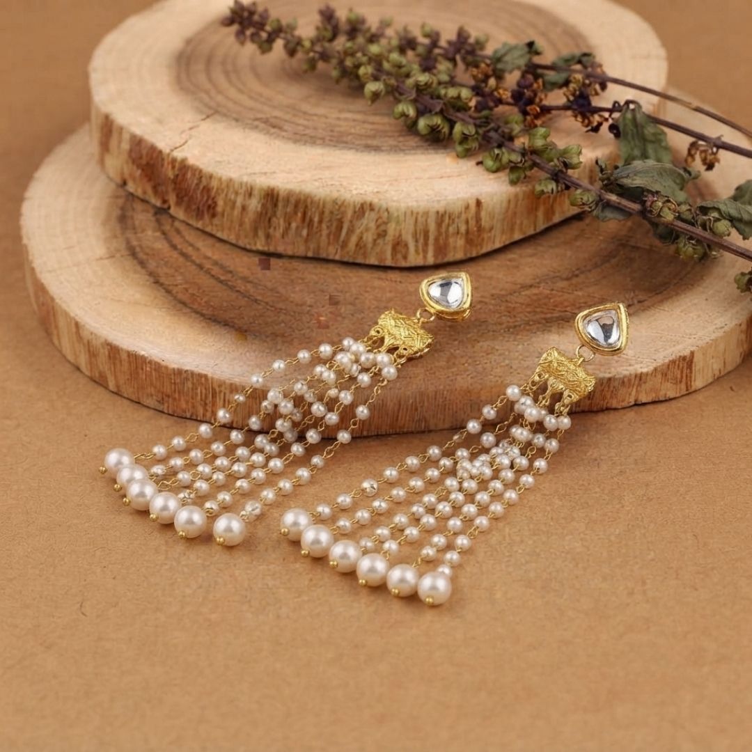 Heart Stud Pearl Chain Tassel Earrings