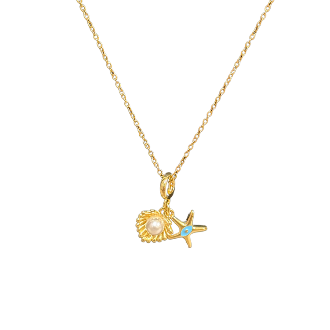 Gold necklace with a shell Pendant for Women featuring a pearl and blue gemstone on a white background