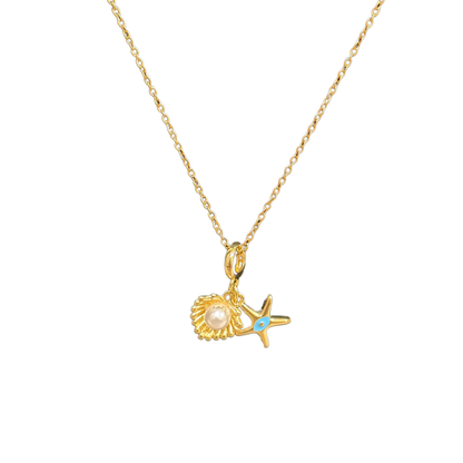 Gold necklace with a shell Pendant for Women featuring a pearl and blue gemstone on a white background